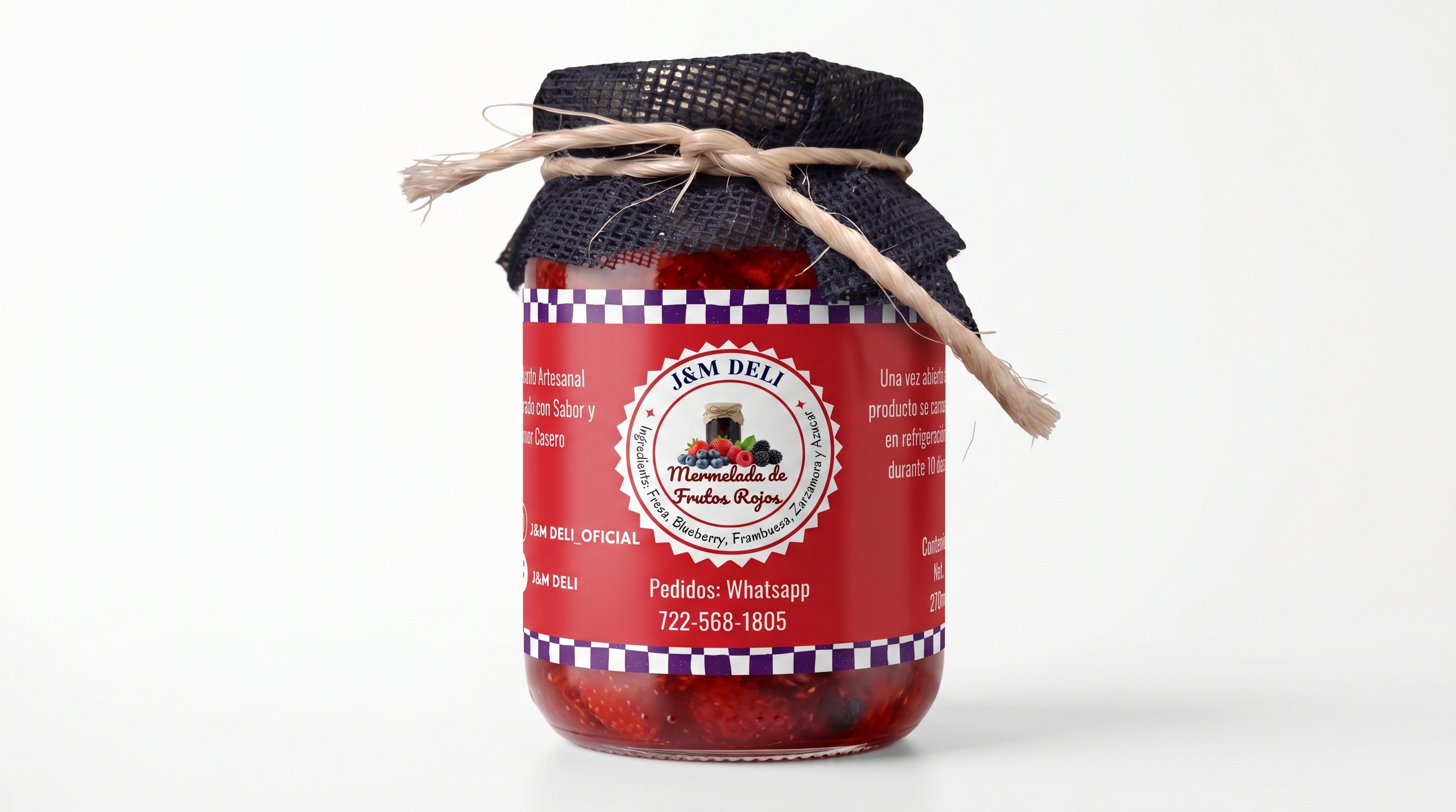 Frasco de mermelada de frutos rojos J&M Deli con etiqueta roja