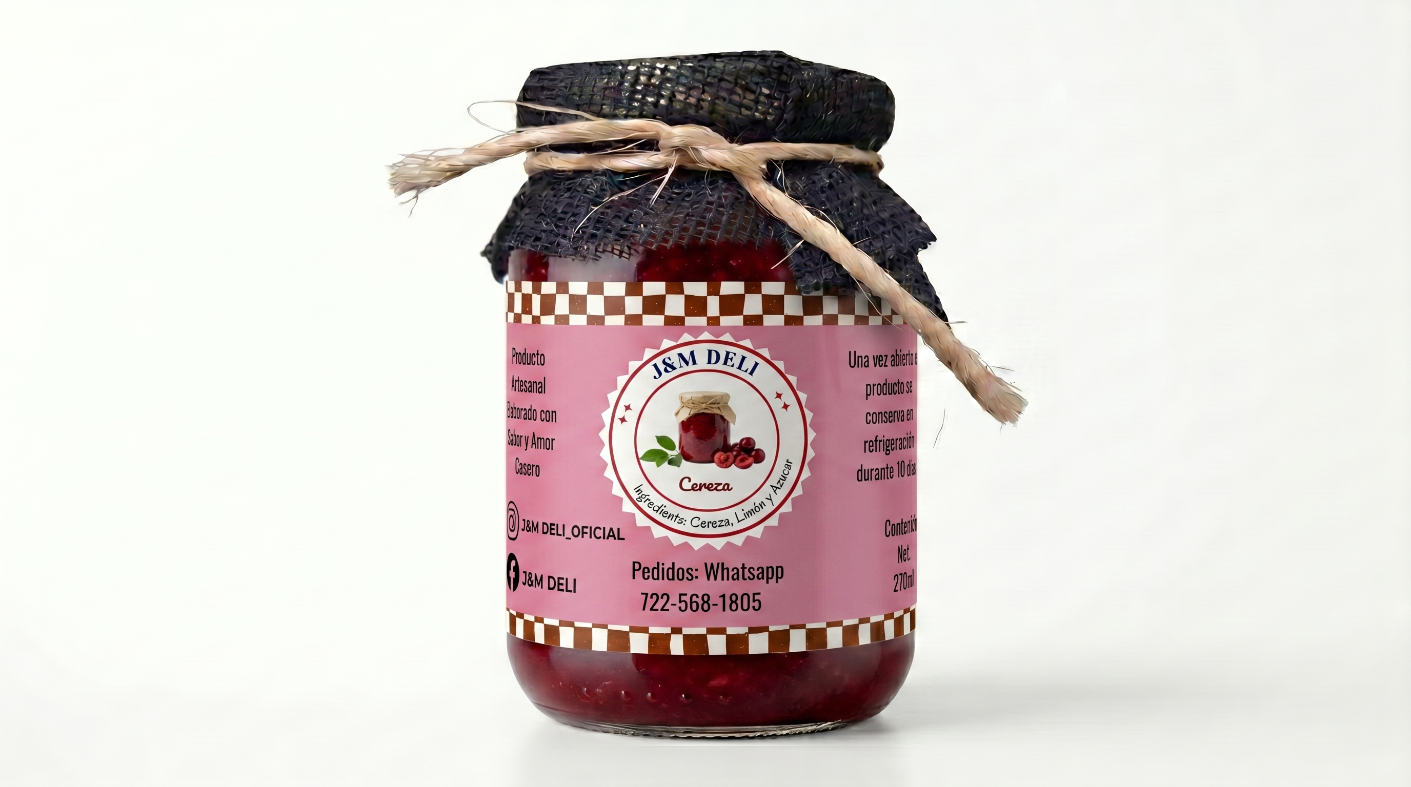 Frasco de mermelada de cereza J&M Deli con etiqueta rosa