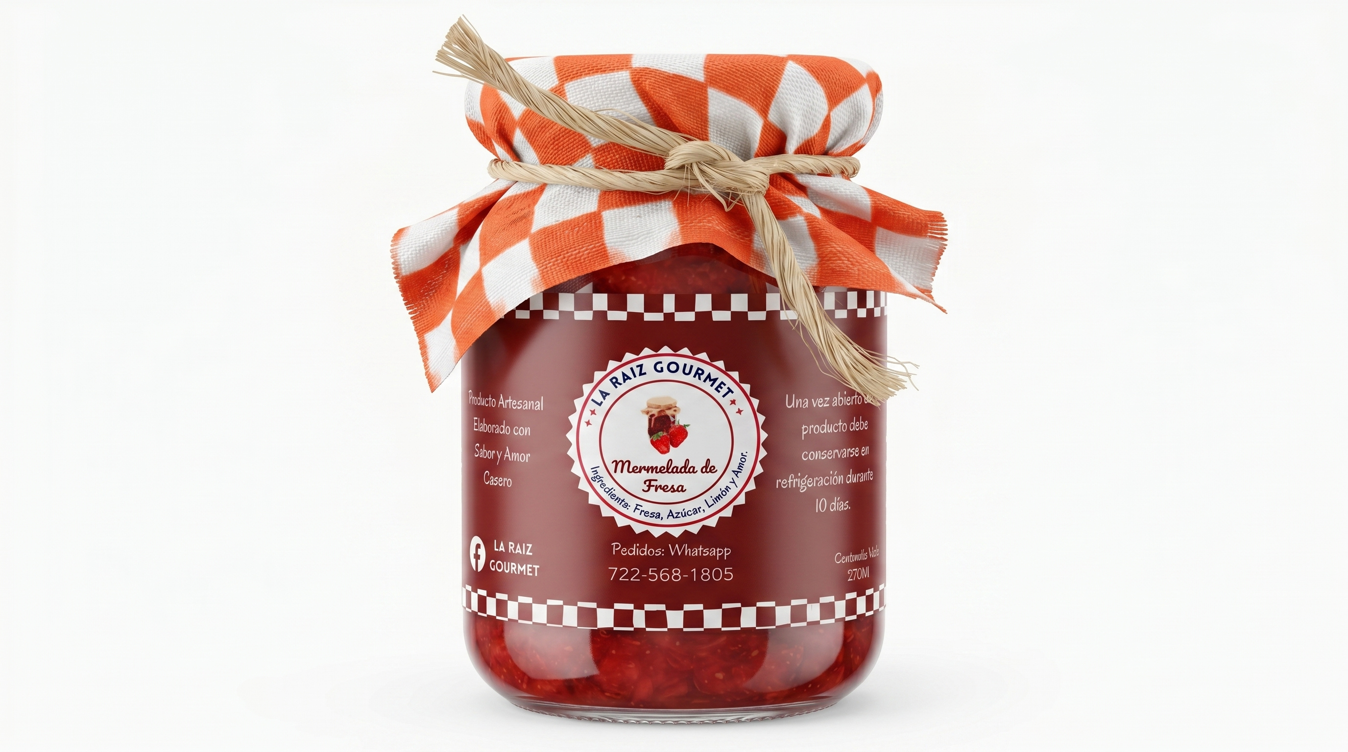 Frasco de mermelada de fresa artesanal con tela de cuadros