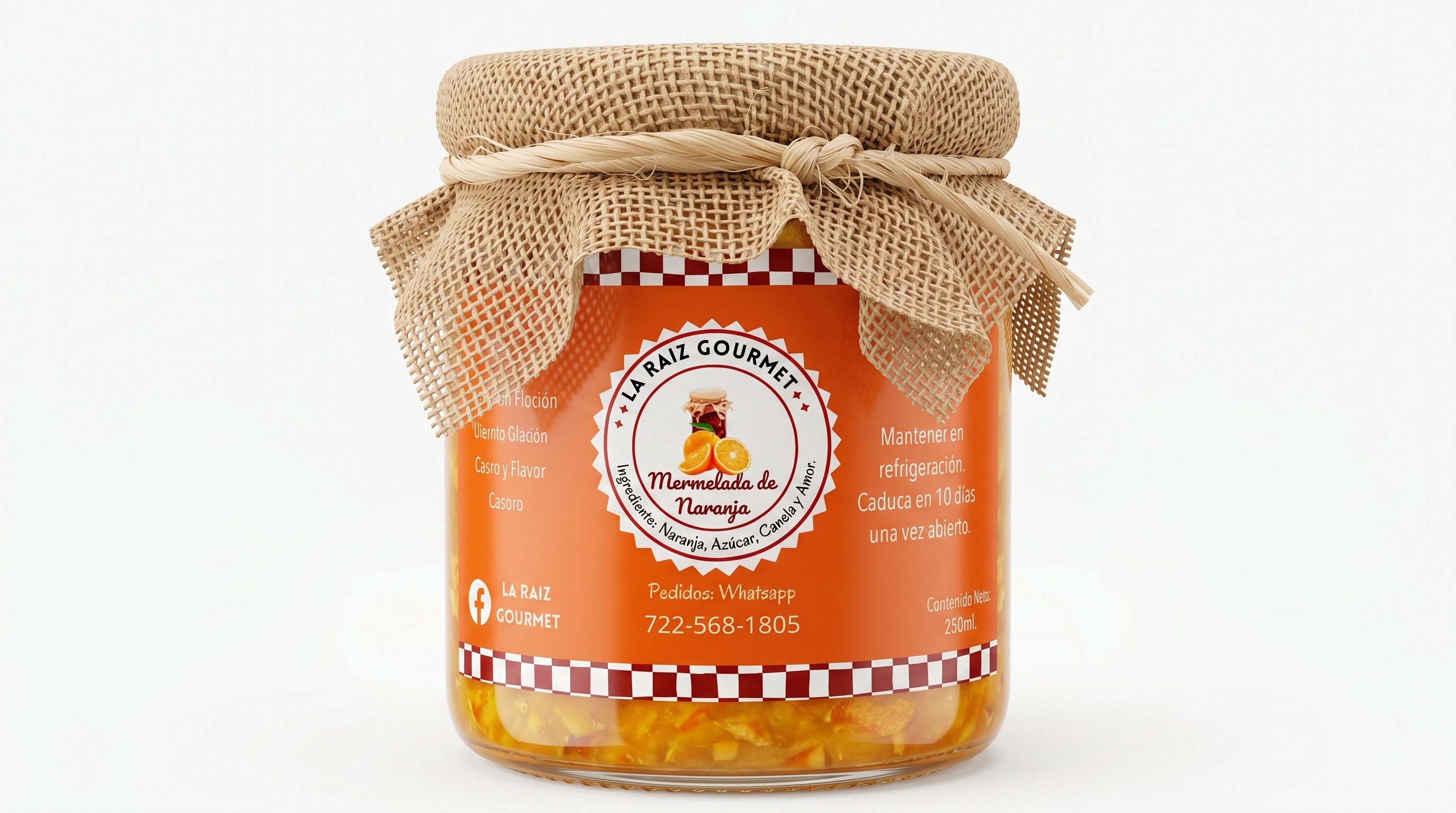 Frasco de mermelada de naranja artesanal con tapa de yute