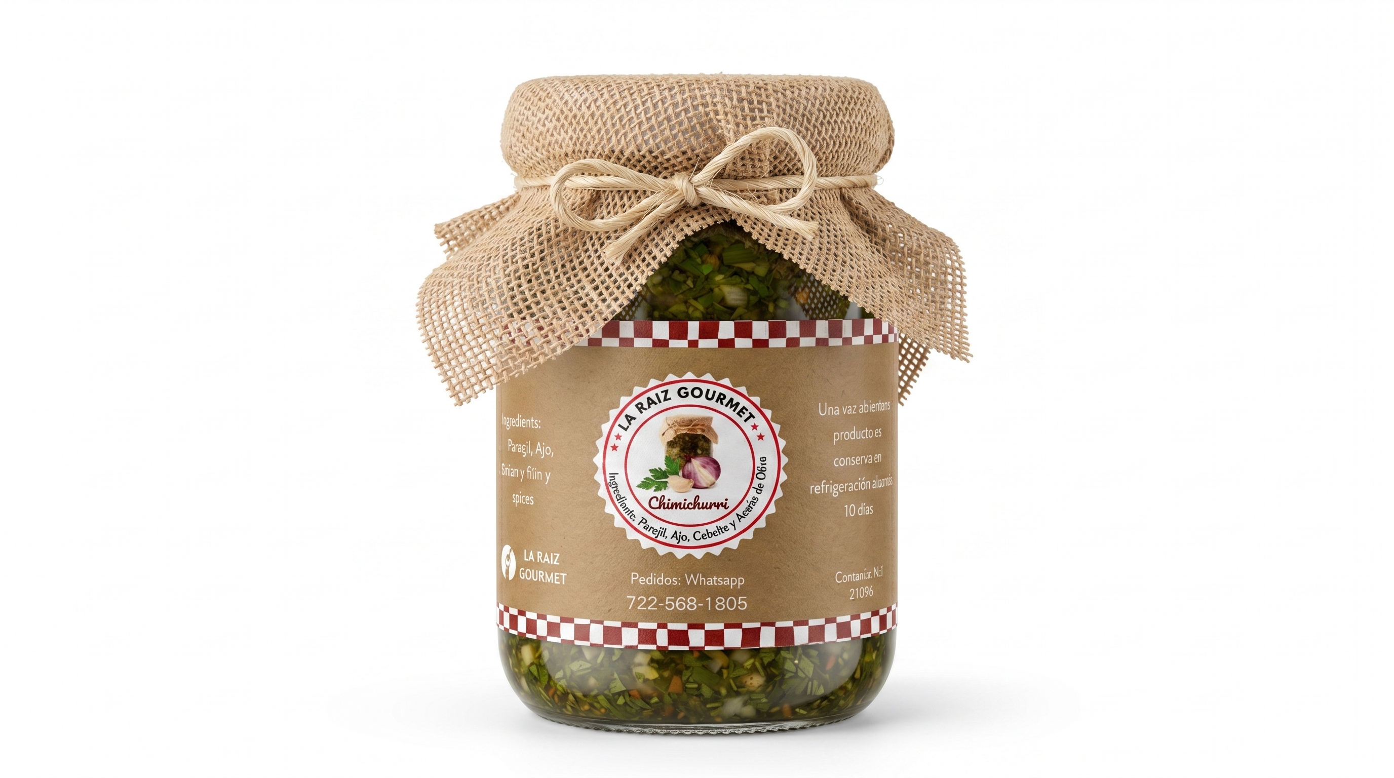 Frasco de chimichurri artesanal con tapa de yute