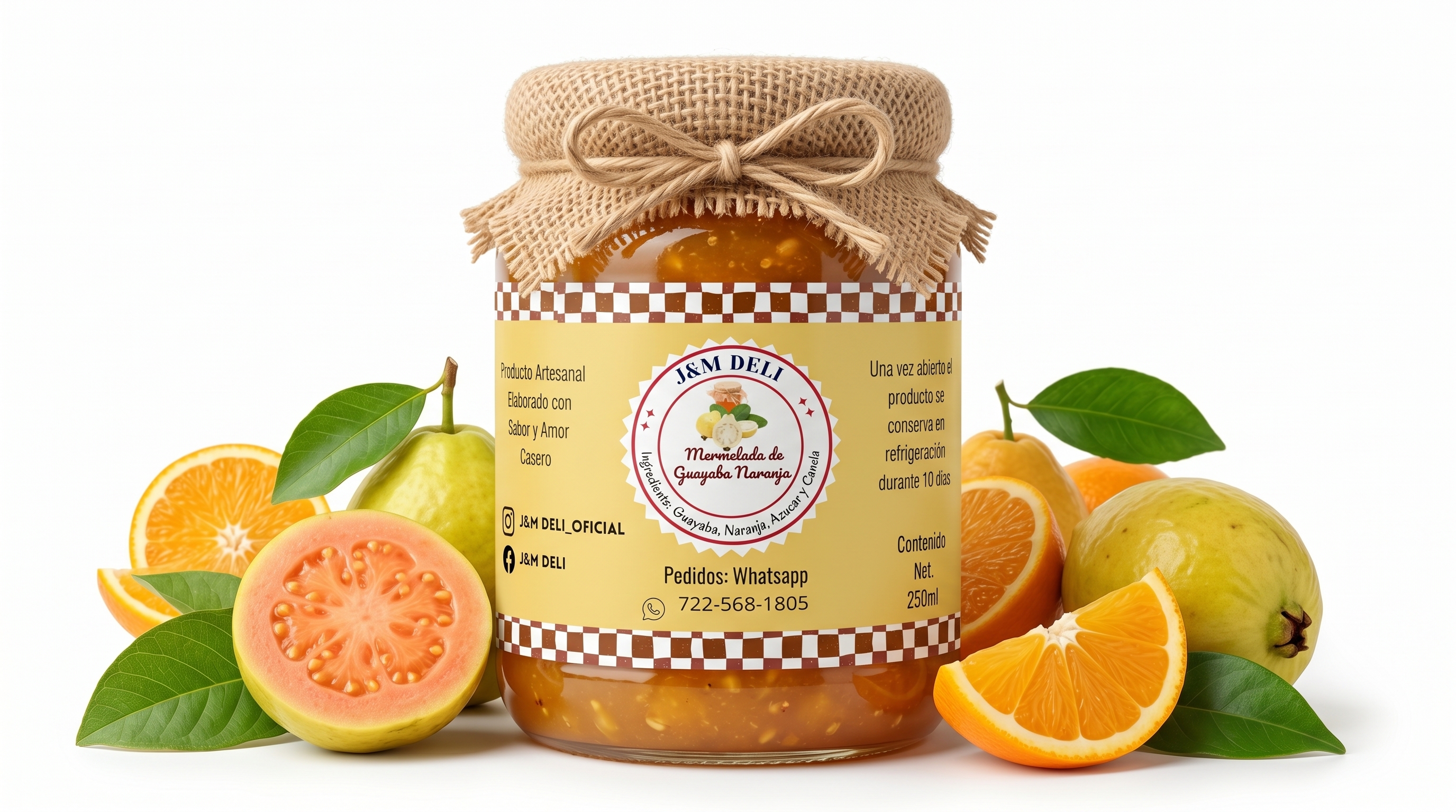 Frasco de mermelada de guayaba naranja J&M Deli rodeado de guayabas y naranjas