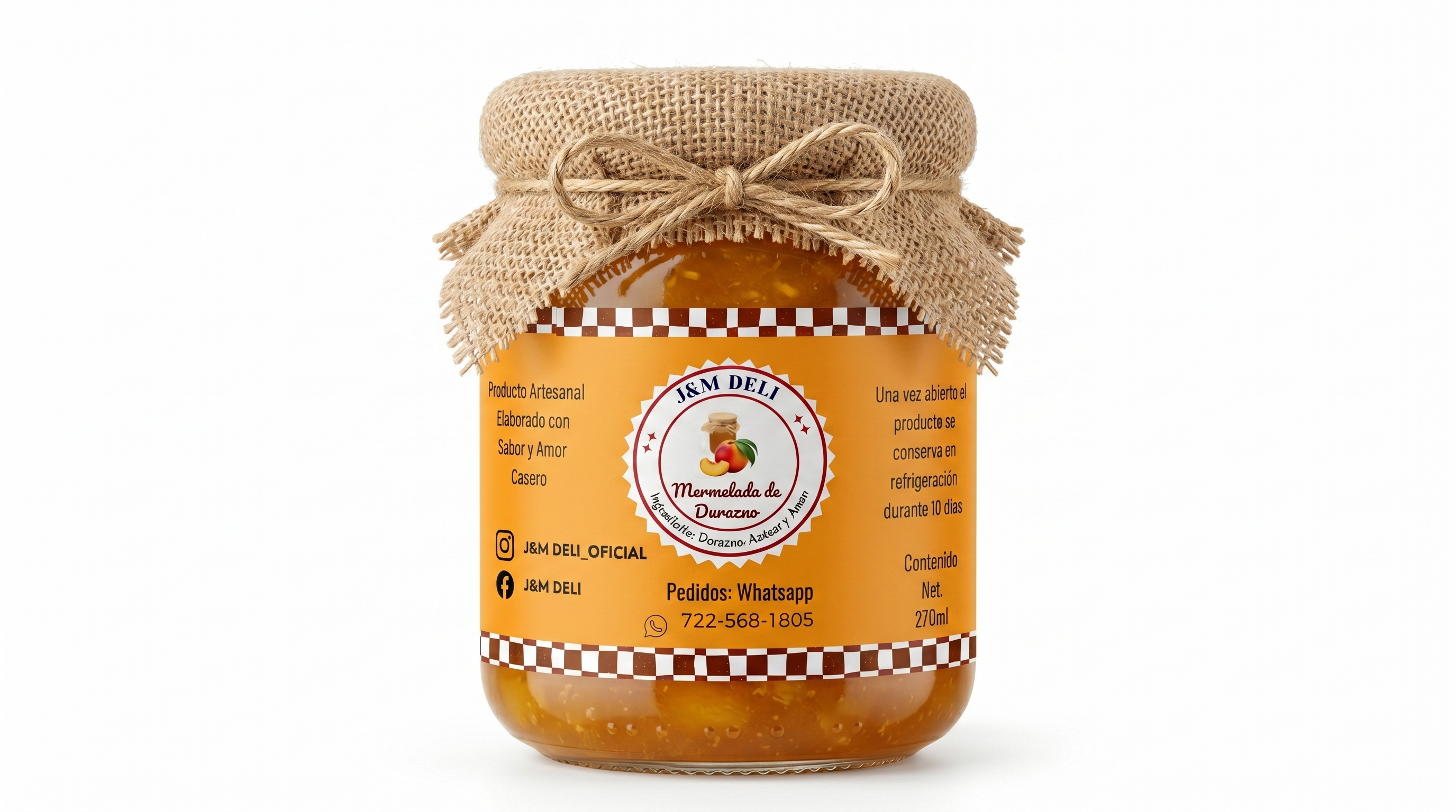 Frasco de mermelada de durazno J&M Deli con tapa de yute