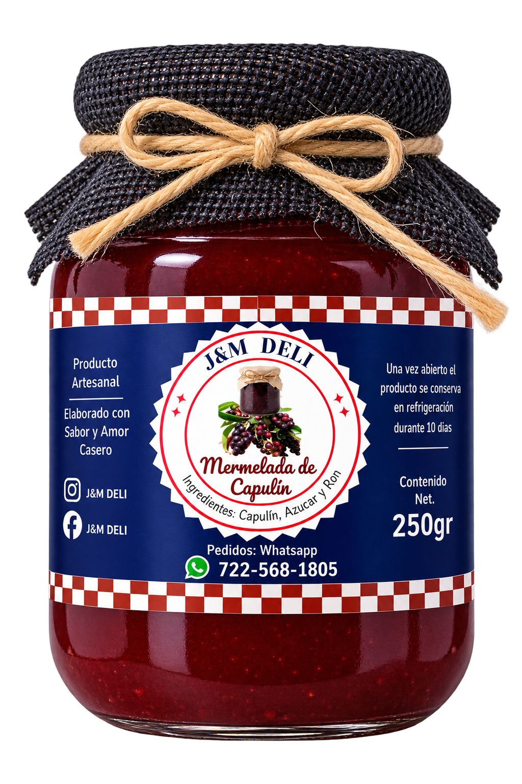 Frasco de mermelada de capulín J&M Deli con etiqueta azul marino