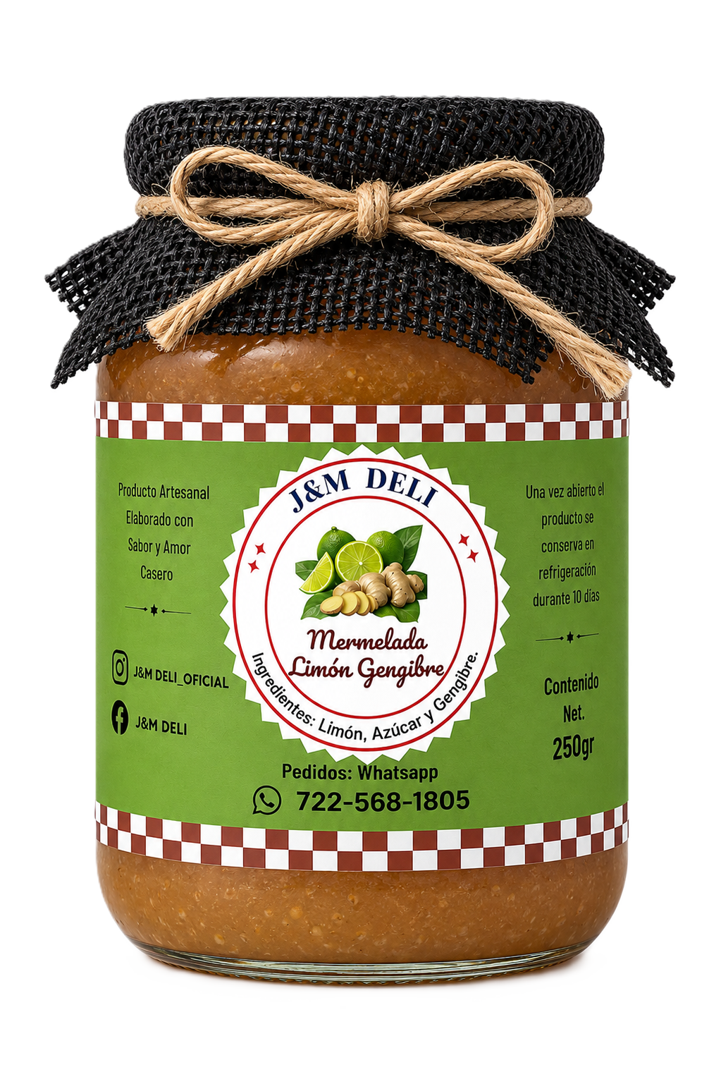 Frasco de mermelada de limón y gengibre J&M Deli con etiqueta verde