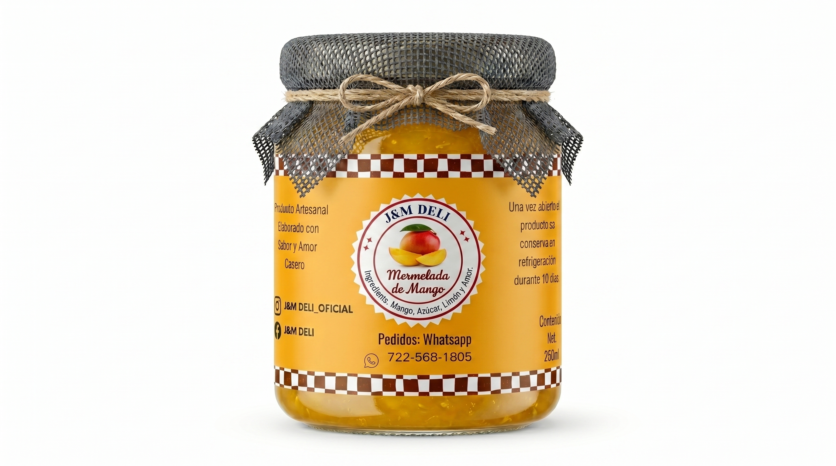 Frasco de mermelada de mango J&M Deli con etiqueta amarilla